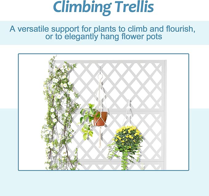 Metal Planter Box with Trellis & Wheels, Raised Garden Bed with Privacy Screen, Outdoor Standing Flower Beds with Drainage Hole for Climbing Plants, Vine, 47.2''L×15.7''W×70.9''H, White