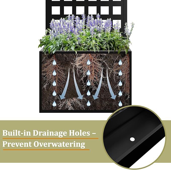 Metal Planter Box with Trellis, Heavy-Duty Raised Garden Bed for Climbing Plants, Drainage Hole, Outdoor Planter Box with Privacy Screen，24''L×12''W×63''H