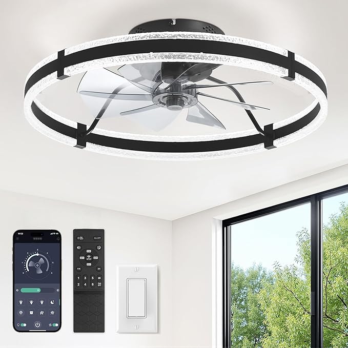 LEDIARY Ceiling Fans with Lights and Remote, 24'' Low Profile Ceiling Fan with Light, 3000-6000K Dimmable Fandelier Ceiling Fans, Modern Flush Mount Fan Light for Bedroom with 6 Wind Speeds- Black