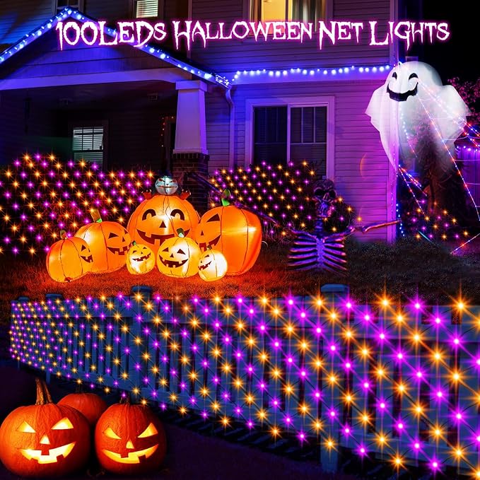 echosari Halloween Net Lights Battery Operated, 5ft ×5ft 100 LED Net Lights with Remote Timer Dimmable Garden Mesh Lighting for Bush Fence Wall Party Decor (Purple Orange)