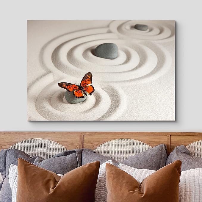 wall26 Canvas Print Wall Art Zen Garden with Stones & Monarch Butterfly Nature Wilderness Photography Realism Chic Scenic Relax/Calm Multicolor for Living Room, Bedroom, Office - 16"x24"