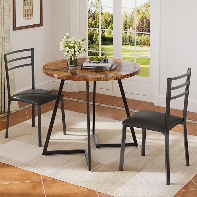 VECELO Small Round Kitchen Table with 2 Upholstered Chairs, 3-Piece Wood Dinette Sets with Steel Frame for Breakfast Nook, Dining Room, and Small Space, Brown