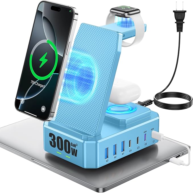 300W Charging Station for Multiple Devices Apple, Zutspzss 10 in 1 Wireless Charger for iPhone 16, GaN III USB C 65W PD Fast Charging Stand Dock for Apple Watch&Airpods,Blue