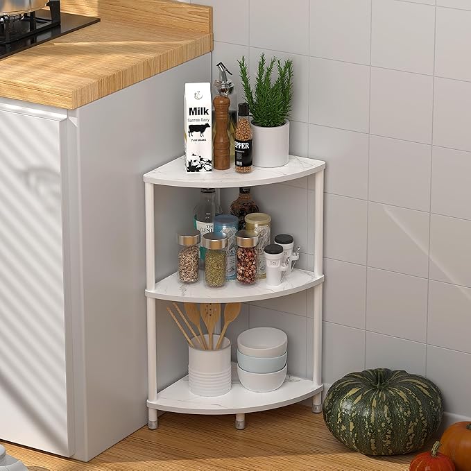3 Tier Corner Shelf Stand, 23.2" Kitchen Shelf Organizer with Metal Frame for Organization & Storage, Marble White Corner Shelf for Kitchen Decor Accessories