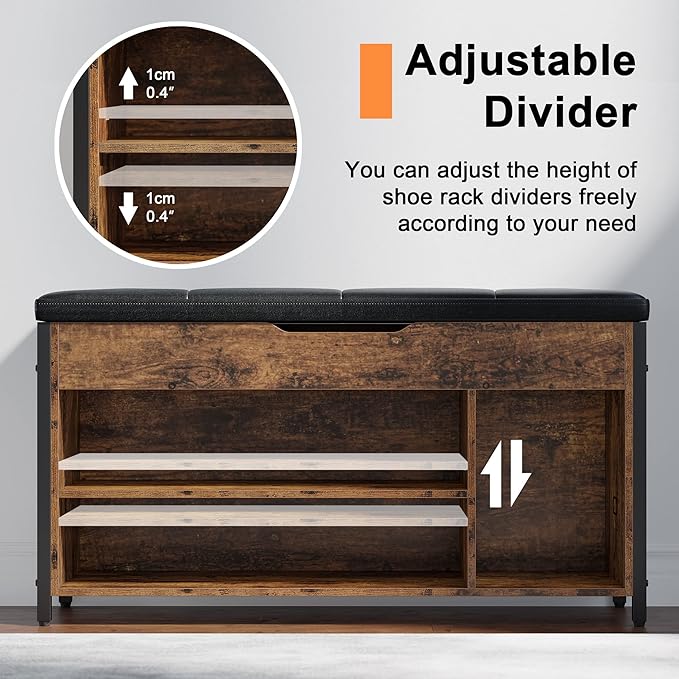Shoe Bench, Lift Top Shoe Storage Bench, Adjustable Shelf Entryway Bench, Metal and Wood Shoe Rack Organizer with Cushion for Entry, Bedroom, Closet, Living Room, Hallway (Brown, 35.5“W)