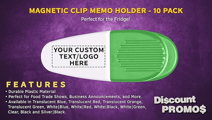 10 Magnetic Memo Holders Set - Customizable Text, Logo - Large Clip, Plastic - White Green
