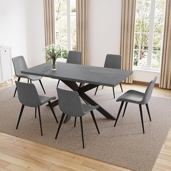 ZckyCine 7-Piece Dining Table Set, 6-Person Modern Rectangular Wooden Expandable Dining Table and 6-Person Leather Dining Chairs, 6-Person Kitchen Table and Chairs, Perfect for Kitchen Dining