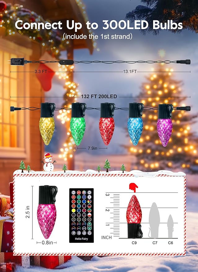 Brightown C9 LED Christmas Lights Outdoor, 200LED RGB Smart Christmas Tree Lights Music Sync DIY APP Controlled, Waterproof Connectable C9 String Lights for House Indoor Patio Xmas Decoration