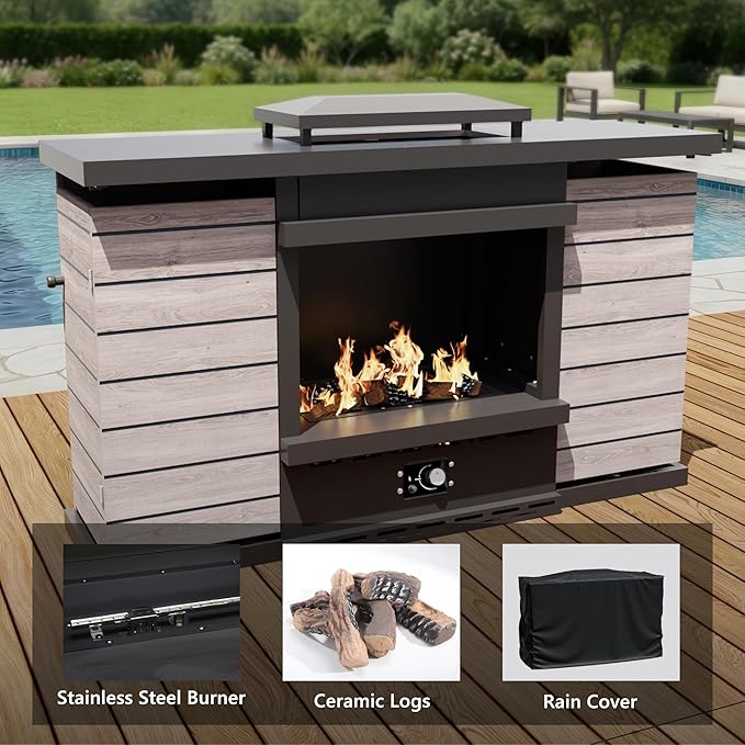 Aluminum Outdoor Conversation Furniture Set with Furniture Covers & 6" Cushions- Patio 79" Sofa with 4 Chairs & 63" Steel Propane Fireplace, 50,000 BTU Fire Pit with CSA Certified (Grey)