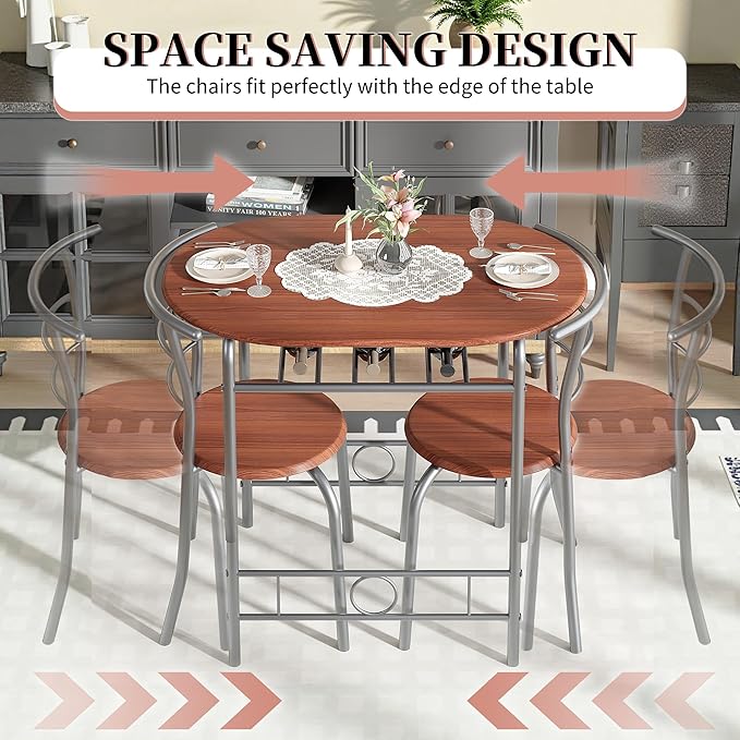 VECELO 3-Piece Dining Table Set for Kitchen Breakfast Nook, Wood Grain Oval Tabletop and Metal Frame with Built-in Wine Rack, for Small Spaces, Brown & Silver