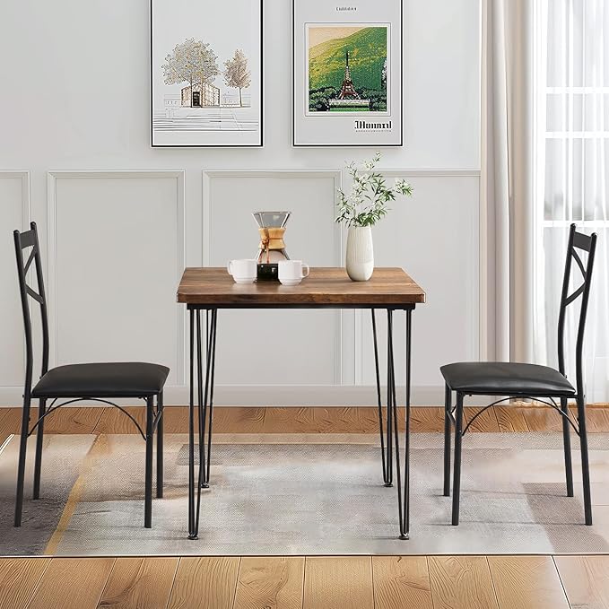 VECELO 3-Piece Dining Table Set for Home Kitchen Small Space Breakfast Nook, 2 Faux Leather Metal Frame Chairs,Brown,Set for 2