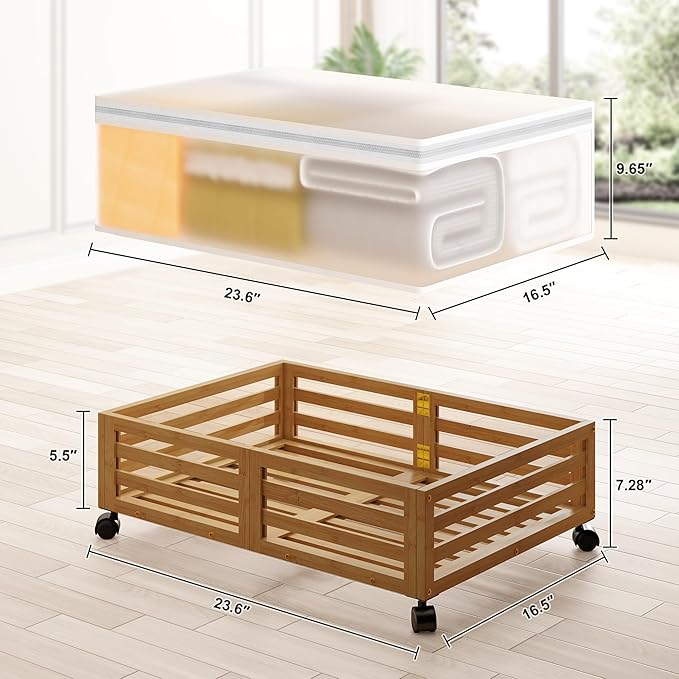 Under Bed Storage with Wheels-Large Bamboo Underbed storage Containers with Large Dust Bag Stackable Under the Bed Shoe Storage Bins for Clothes Books Bedding (2 Packs walnut, 23.62"L×16.54"W× 6.51"H)