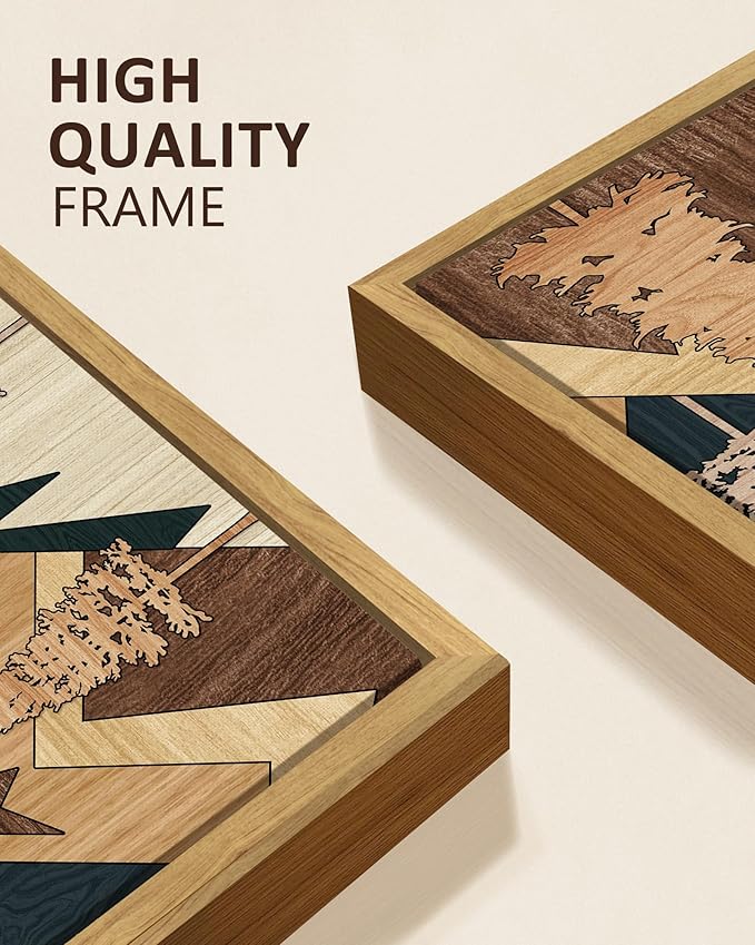 KUVIOKE Wooden Mountains Range Landscape Wall Art Framed Tree Nature Wall Decor Moon Rises Prints Bedroom Living Room Ready to Hang 8x16in3pcs Natural Framed
