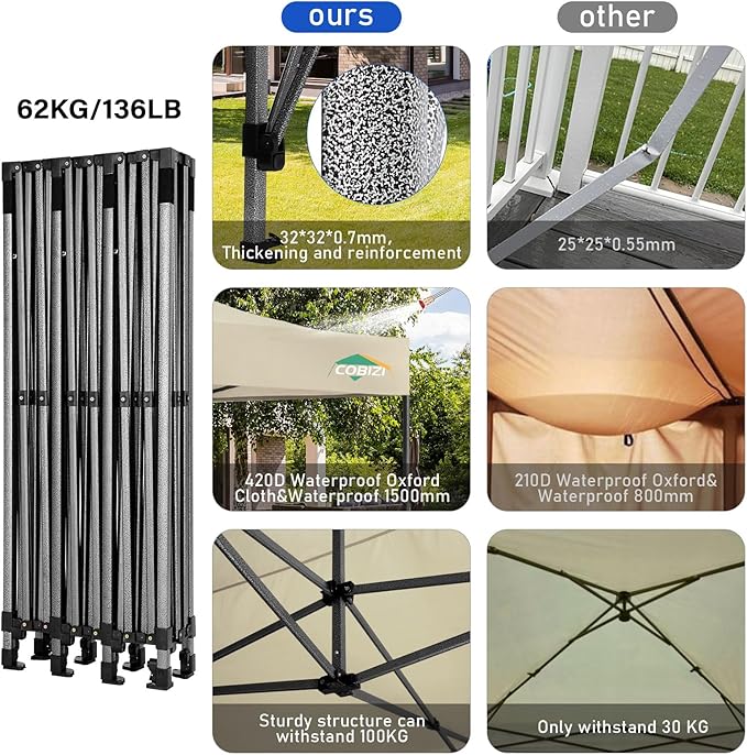 COBIZI 10x30 Pop up Canopy, Heavy Duty Outdoor Party Tents for Parties, Ez up UPF 50+ Waterproof Commercial Canopy with Wheeled Bag can fold, Khaki(Windproof Upgraded)