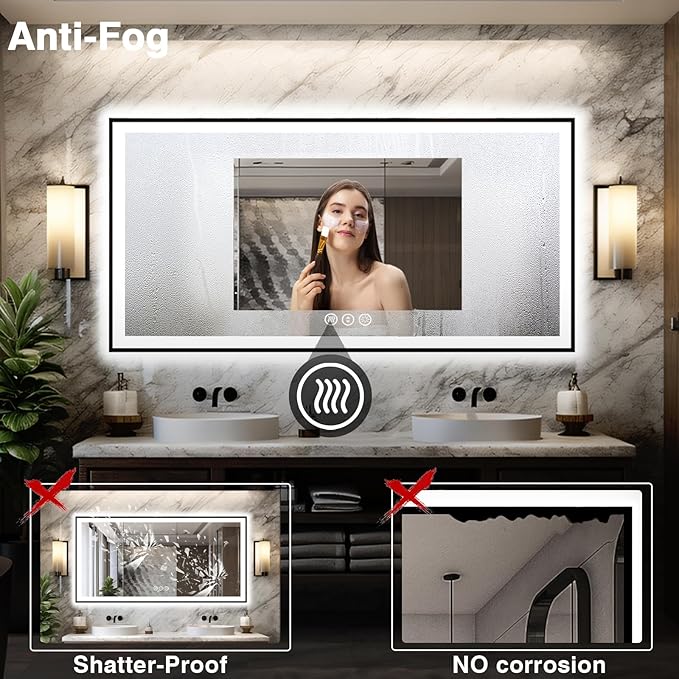 Large 88x38 LED Bathroom Mirrors - Black Aluminum Trim (Front and Backlit), Anti-Fog Vanity Mirror with Lights,Stepless Dimmable Lighted, 3 Colors Smart, Memory (Horizontal/Vertical)