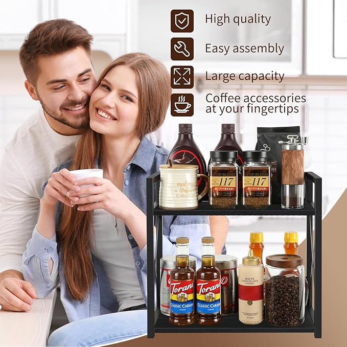 YINMIT Countertop Shelf Organizer,Coffee Bar Accessories,Spice Rack,Coffee Counter Shelf,2 Tier Coffee Organizer Station for Mugs,Cups,Cream,Syrup(Black, Large)