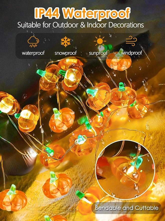 Fall Decorations 3D Pumpkin Fairy Lights Battery Operated with Remote, 10ft 30LED Fall Orange String Lights 8 Modes, Twinkle Light Waterproof Outdoor Indoor for Thanksgiving Harvest Halloween Decor