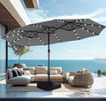 PHI VILLA 15ft Large Patio Umbrella with Solar Lights, Double-Sided Outdoor Market Rectangle Umbrellas with 36 LED Lights, Umbrella Base (Stand) Included, Light Grey