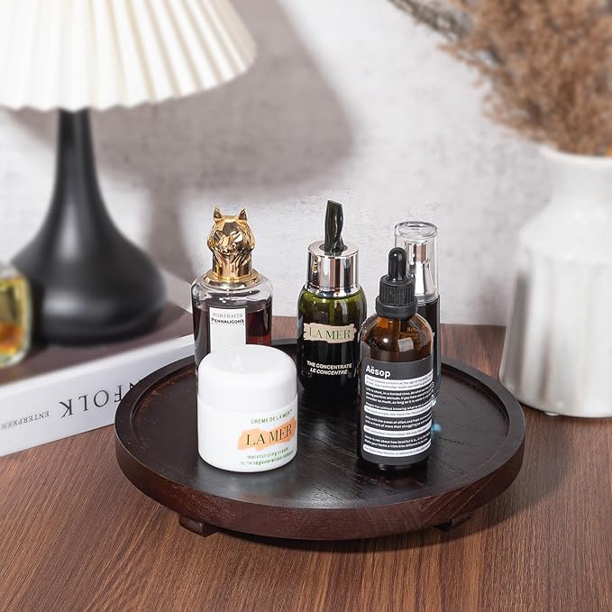 Round Decorative Tray Wood Bathroom Counter Organizer Farmhouse Kitchen Decor Wooden Riser for Soap Dish, Perfume, Candle, Sponge, 10" - Walnut