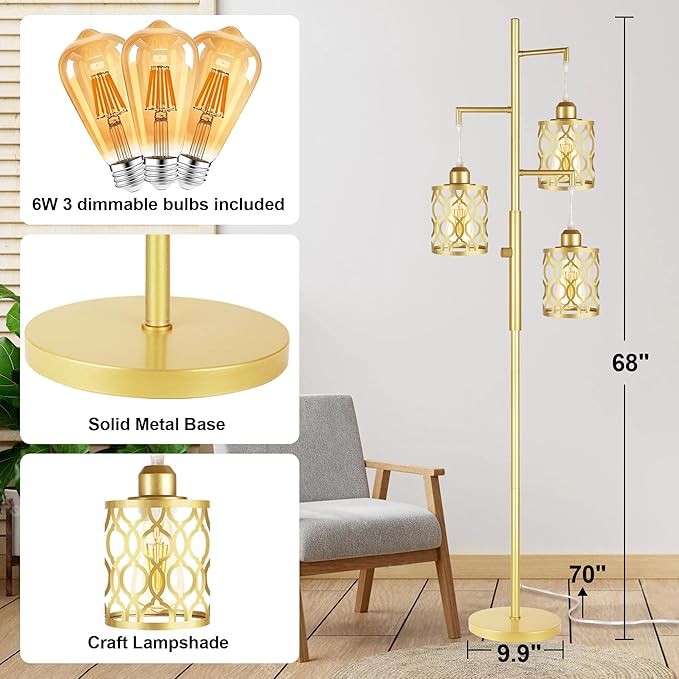 ROTTOGOON 68" Gold Floor Lamp, Dimmable Industrial Floor Lamps for Living Room, 3 Light Rustic Standing Tall Lamp Including 3 PCS 6W E26 Bulbs, Farmhouse Tree Floor Lamp for Bedrooms, Office, Bar