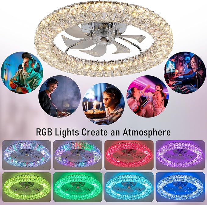 RGB Ceiling Fans with Lights, 22" Low Profile Ceiling Fan with Lights Remote for Bedroom,Smart Bladeless LED Fan Light,Nickel Modern Flush Mount Ceiling Fan Light with Remote/APP Control