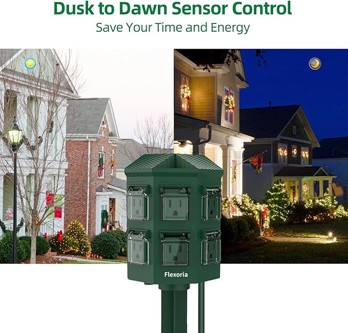 Outdoor Power Stake Timer, Remote Control Dusk to Dawn Light Timer, 90FT Extension Cord Waterproof, 6 Grounded Outlets for Graden and Yard Decorations, ETL Listed