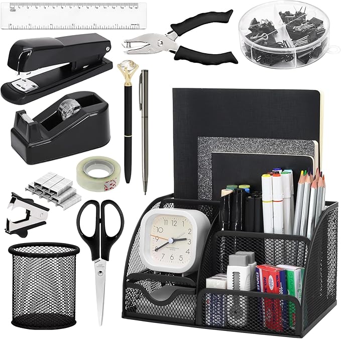 SYMDROMIA 13-in-1 Office Desk Organizer Set with Stapler and Tape Dispenser, Pen Holder, Scissors, Ruler, Hole Punch, 2 Pens & More Desktop Accessories for Back to School Supplies (Black)