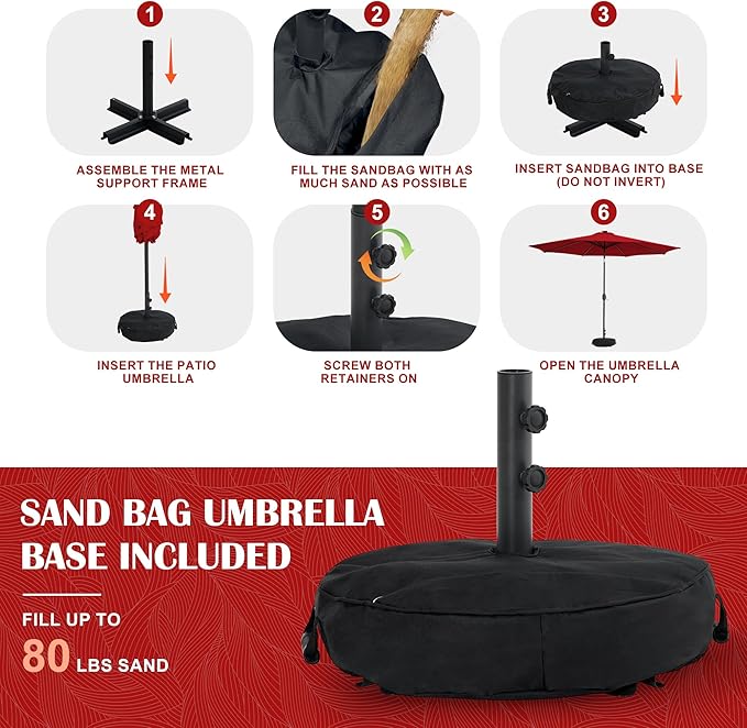 Sundale Outdoor Olefin 5-Year-Non-Fading Solar 80 LED 9 FT Solar Patio Umbrella with Sand Bag Base, Outdoor Umbrella with Tilt and Crank, Red