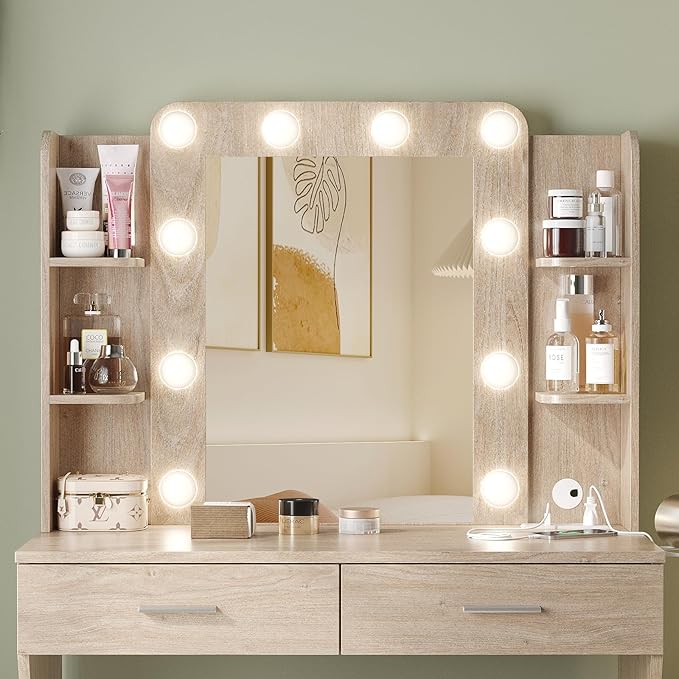 Vabches Vanity Desk with Mirror and Lights,Makeup Vanity Table with Charging Station,2 Drawer Bedroom Dressing Table with 3 Colors Modes Dimming & Cushioned Stool,Natural Oak