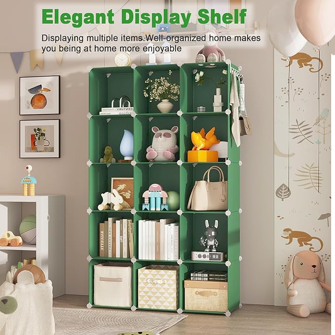 C&AHOME Cube Storage Organizer, 16-Cube Shelves Units, Plastic Storage Cubes, DIY Closet Organizer, Modular Closet Storage Shelves Ideal for Home, Bedroom, 48.4" L × 12.4" W × 48.4" H Green UPCS16GN