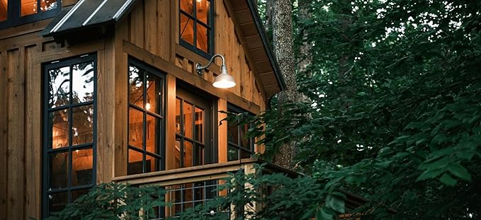 Steel Lighting Co. Hawthorne Barn Light | Outdoor Wall Mounted | 8 inch Dome | 11 inch Straight Arm| Small Farmhouse Light Made in America | Black Exterior/White Interior