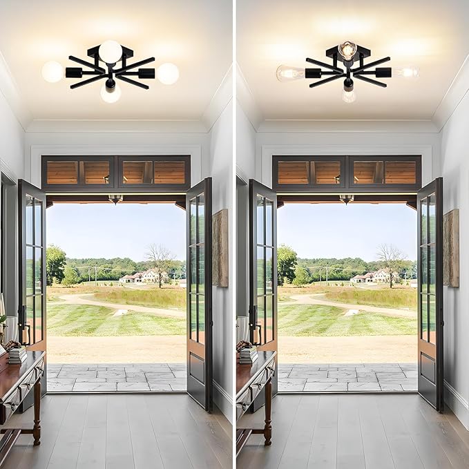 4-Light Sputnik Light Fixture Black Flush Mount Lights Industrial Semi Flush Lighting Fixtures Ceiling 19 inch Modern Farmhouse Ceiling Lights for Kitchen Bedroom Bathroom Foyer Hallway (E26) (2Pack)