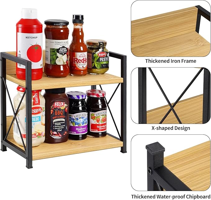 Giikin Countertop Shelf Organizer, 2 Tier Kitchen Spice Rack Organizer for Countertop, Wood Coffee Counter Shelf Organizer for Home (Bamboo, S)