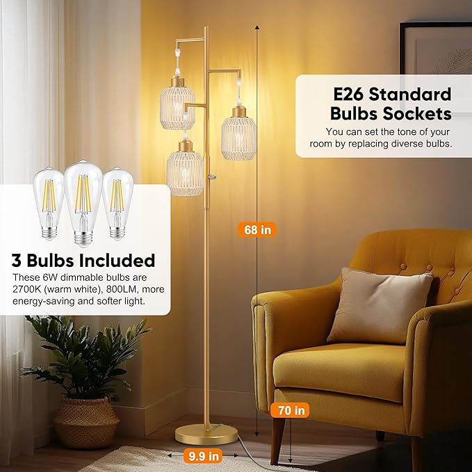 ROTTOGOON Dimmable Boho Floor Lamp - 3 Light Farmhouse Rattan Floor Lamp for Living Room, Industrial Tree Floor Lamps with 3 X 6W LED Bulbs, Rustic Standing Tall Lamp for Bedroom, 68", White