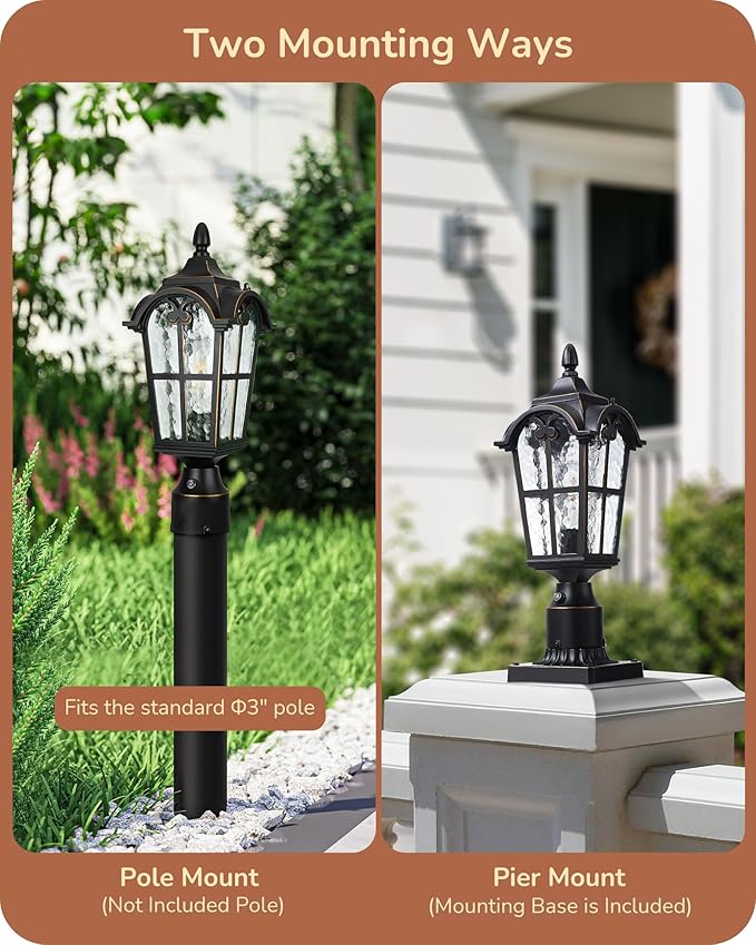 EDISHINE Dusk to Dawn Outdoor Post Light with Pier Mount Base, Hardwired Black Roman Waterproof Pole Lantern Fixture, Water Ripple Glass Exterior Lamp Post Light for Driverway, Patio, Pathway