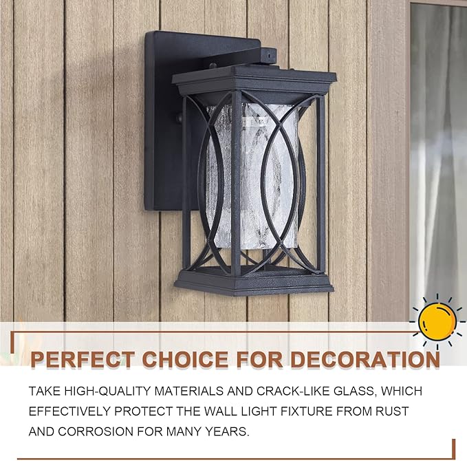 Dusk to Dawn Outdoor Wall Lanterns Small Modern Exterior Light Fixture Aluminum with Crack-Like Glass, UL and IP65 Waterproof Wall Sconce Outdoor Wall Light for Porch, Garage, Front Door, Black