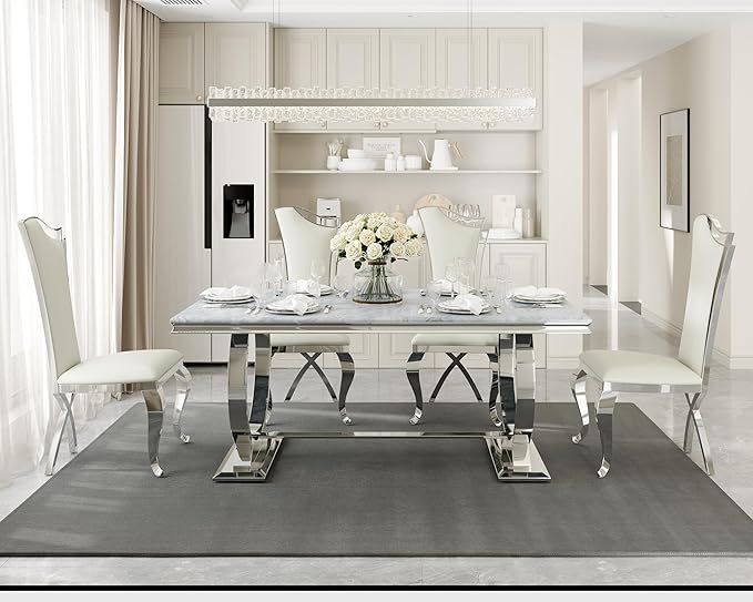 Asday 72 inch Modern Dining Room Table with Silver Stainless Steel Metal U-Base in Grey Silver