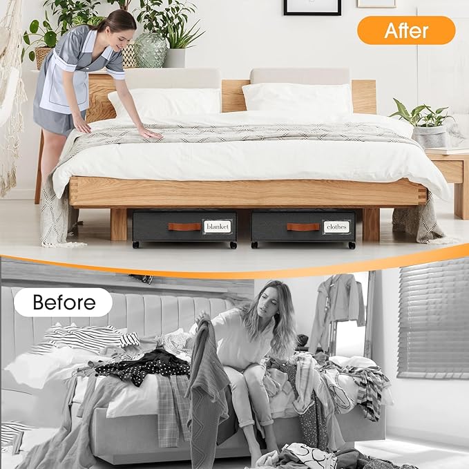 Under Bed Storage with Wheels 2Pack Storage Containers with Clear Window&Label Under Bed Drawers Rolling Under Bed Storage for Clothes,Shoes, Blankets (30.71 x 16.93 x 6.69 in, Dark Grey)