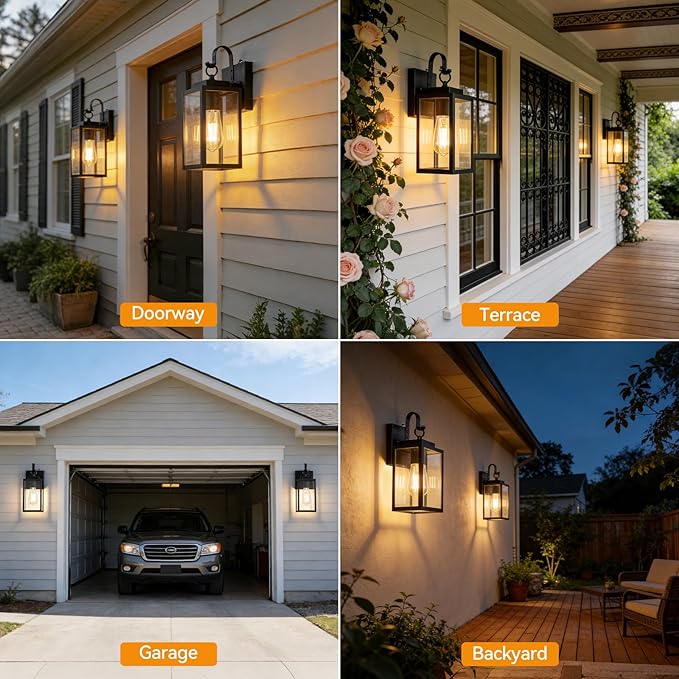 11.8-inch Dusk to Dawn Outdoor Wall Lights, Black Exterior Light Fixture with Clear Tempered Glass, IP65 Waterproof All-Metal Sconce for Porch, Front Door, Garage
