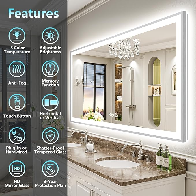 72x36 Brushed Nickel LED Bathroom Mirror with Lights, Sliver Framed Backlit and Front Lit Anti-Fog Lighted Vanity Mirrors for Bathroom Wall, Dimmable, 3 Colors, Memory, Tempered Glass, CRI＞90