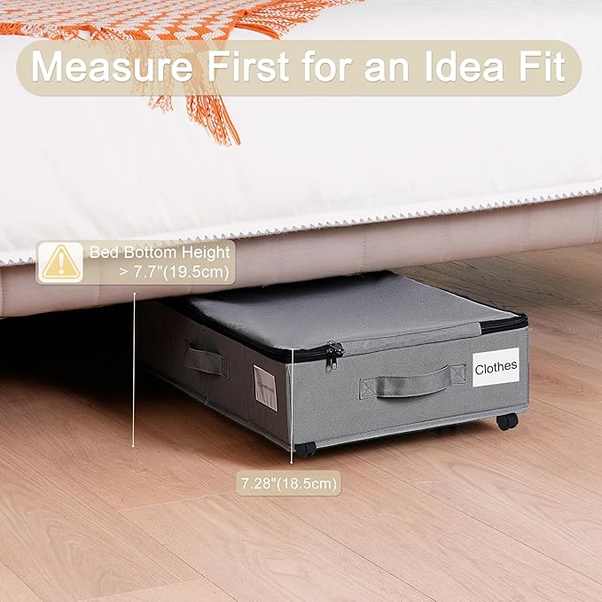 Under Bed Storage with Wheels, 2 Pack Under Bed Storage Containers with Label Holders for Clothes, Shoes and Blankets, Rolling Underbed Shoe Organizer with Cover, Grey (30.71x15.7x7.28 in)