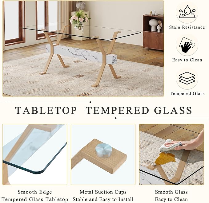 Glass Dining Table 71"｜Modern Dining Table for 6-8｜0.4" Thick Tempered Glass Top｜Wood Pattern Metal Legs｜Marble Crossbar｜Easy Assembly｜Perfect for Dining Room or Kitchen