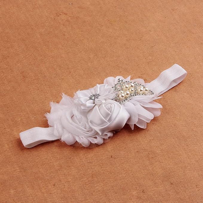 Nishine Christening Headband Fabric Flower Headband Tiara Stretchy Elastic in Pairs (White/Khaki)