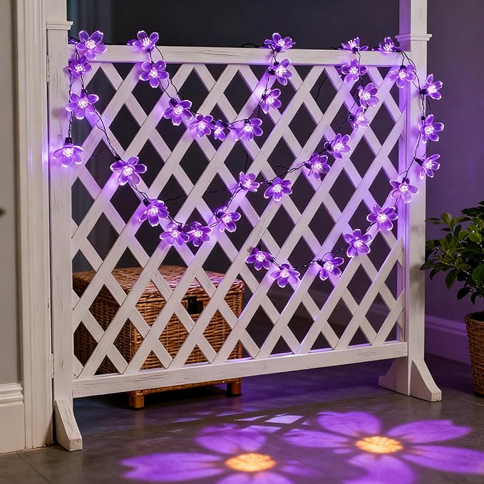 Decorative Flower String Lights, 33ft 100 LED Clear Wire Plug in Fairy Lavender Cherry Blossom Easter Christmas Hanging Decorations, Violiet Wedding Party Indoor Outdoor Decorations (Purple)