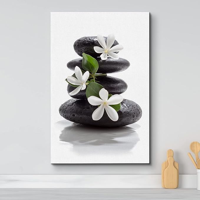 wall26 Canvas Print Wall Art Zen Dark Basalt Stones with Magnolia Blossoms Nature Floral Photography Realism Rustic Colorful Multicolor Ultra for Living Room, Bedroom, Office - 12"x18"