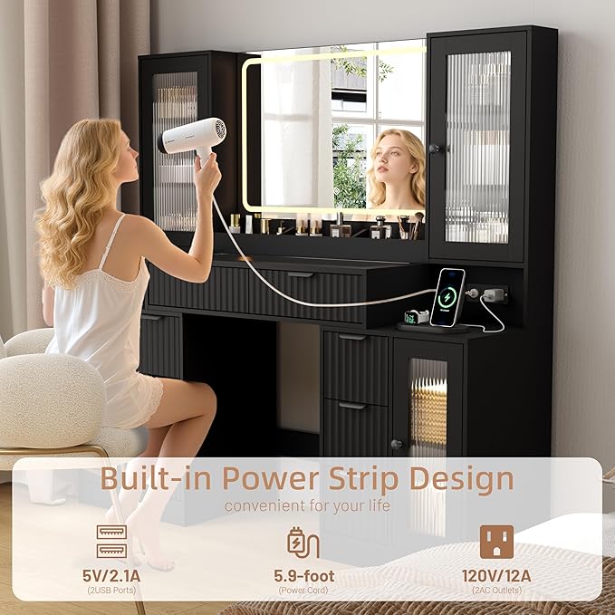 55" Vanity Desk with Mirror & Lights, Fluted Makeup Vanity with 8 Drawers & 4 Cabinets, Tempered Glass Top, RGB Cabinet Lighting, 3-Color Dimmable Mirror, and Charging Station (Matte Black)