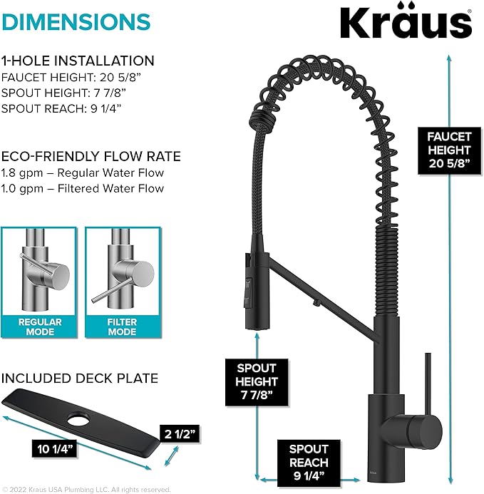 KRAUS Oletto 2-in-1 Commercial Style Pull-Down Single Handle Water Filter Kitchen Faucet for Reverse Osmosis or Water Filtration System in Matte Black, KFF-2631MB