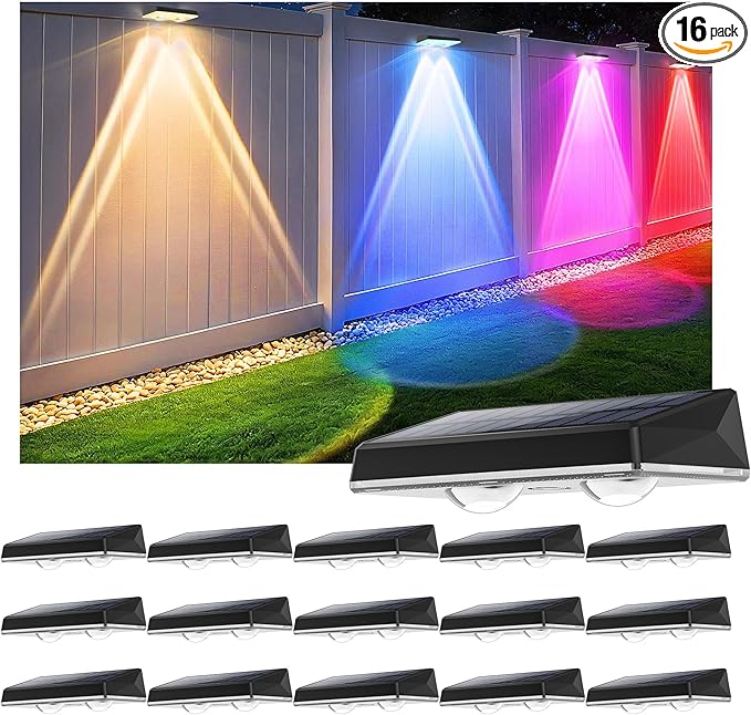 Solar Fence Lights Outdoor - 16 Pack RGB Fence Lights Solar Powered, 7 Color Modes & Warm White, IP67 Waterproof Dusk to Dawn Solar Powered Lights 12+ Hours for Fence/Backyard/Wall/Step/Patio/Deck