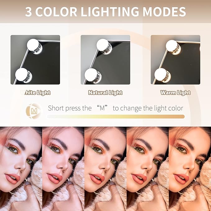 Hollywood Vanity Mirror with Lights, 12 Dimmable LED Bulbs Lighted Makeup Mirror with Detachable 10X Magnification Mirror, 1000mAh Rechargeable, 3 Color Lights, Touch Control