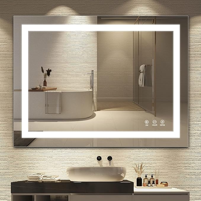 LED Bathroom Mirror,36x28 Inch Bathroom Vanity Mirror Wall Mounted with 3000K-6000K Adjustable, Anti-Fog, Smart Touch Button, Stepless Dimmable Lighted Makeup Mirror, Horizontal/Vertical